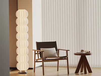 Modern Wooden Frame Leisure Chair With Cushion Side Table And Floor Lamp In Minimalist Interior 3d model