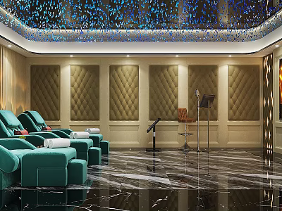 SPA Sauna Room With Green Massage Chairs Beige Padded Walls Black Marble Flooring Ceiling Lights 3d model