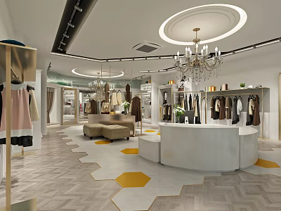 Fashion Clothing Store With Golden Racks Displayed Garments Chandelier White Counter And Yellow Hexagonal Tiles 3d model