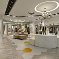 Fashion Clothing Store With Golden Racks Displayed Garments Chandelier White Counter And Yellow Hexagonal Tiles