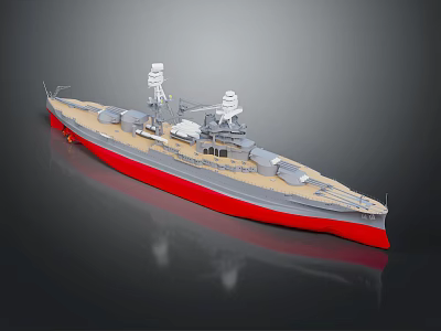 Detailed Warship Model With Red Bottom Beige Deck Turrets And Masts 3d model