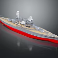 Detailed Warship Model With Red Bottom Beige Deck Turrets And Masts 3d model