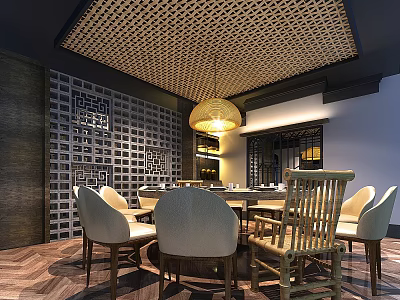 Chinese Style Private Dining Room With Ceiling Lattice Wooden Pendant Light Round Table And Chairs 3d model
