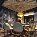 Chinese Style Private Dining Room With Ceiling Lattice Wooden Pendant Light Round Table And Chairs