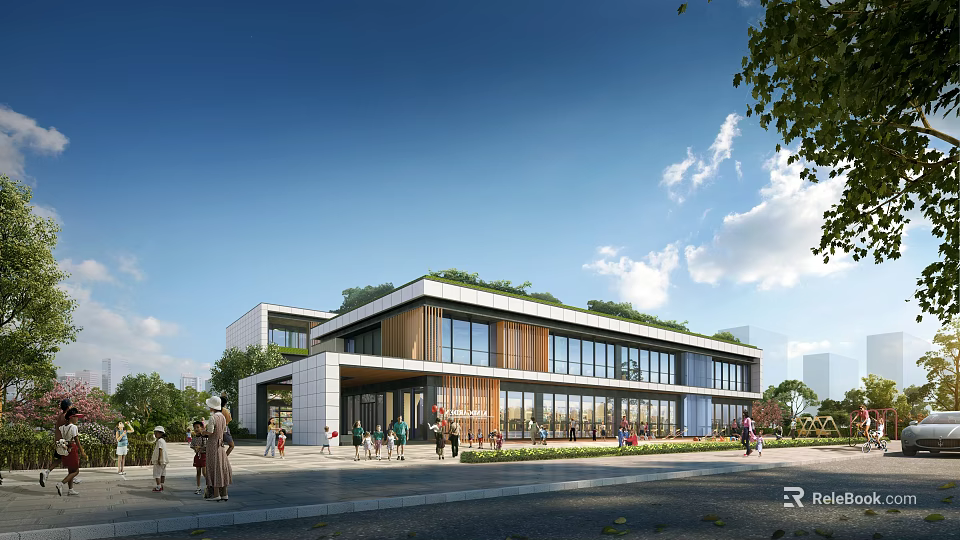 Modern Sales Office Building With Green Roof Glass Walls And Pedestrians 3d model 