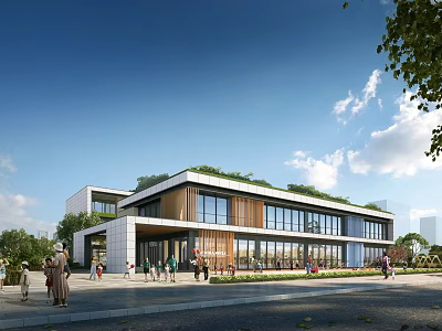 Modern Sales Office Building With Green Roof Glass Walls And Pedestrians 3d model
