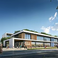 Modern Sales Office Building With Green Roof Glass Walls And Pedestrians