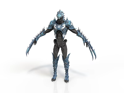 Futuristic Sci Fi Warrior With Blue Spiked Armor And Clawed Limbs 3d model