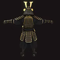 Game Movie Character in Golden Black Samurai Armor with Helmet and Armored Design