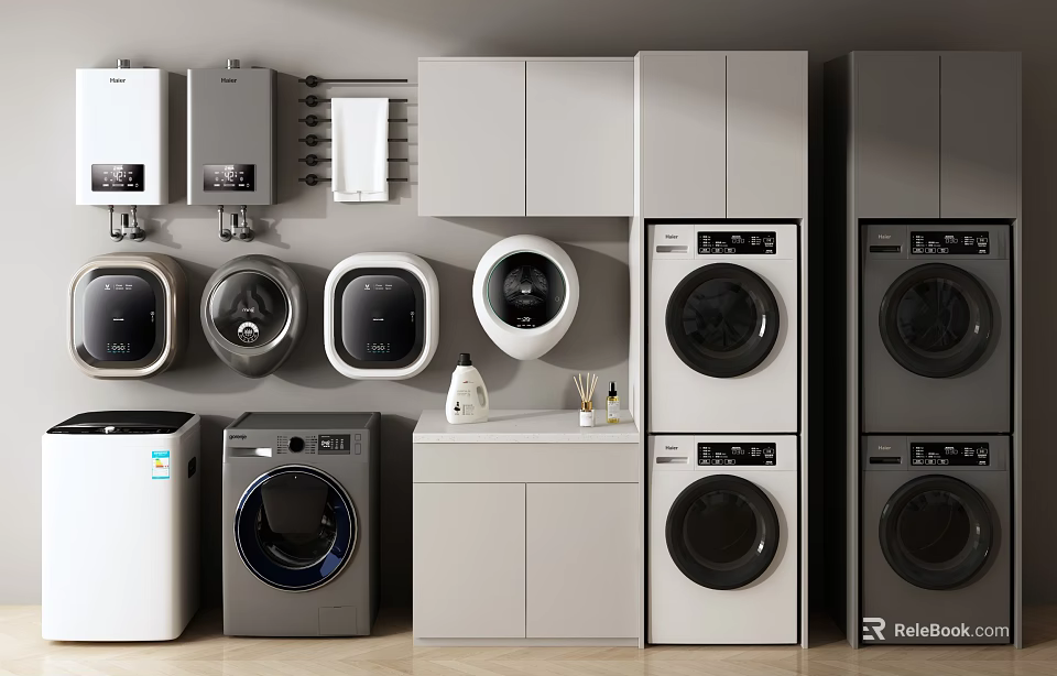 Modern Laundry Room Interior With Various Washing Machines And Storage Units 3d model