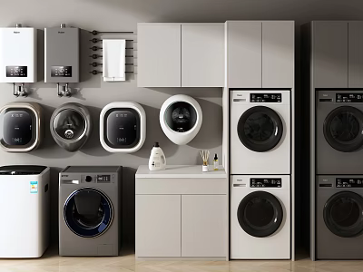 Modern Laundry Room Interior With Various Washing Machines And Storage Units 3d model