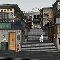 Vintage Street Scene With Old Style Buildings Chinese Signs And People Activities