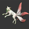 White Nine Tailed Fox Character With Pink Tails Green Collar Jumping Posture