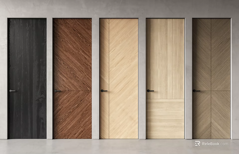 Interior Hinged Doors With Various Wooden Textures And Modern Panel Designs 3d model 