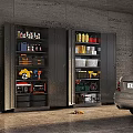 Garage Storage Cabinets Filled With Tools Oil Cans Tires And Car In Modern Space