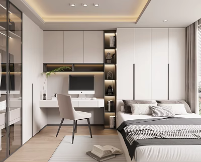 Modern Tatami Bedroom Interior Design With Desk Computer Chair Bookshelf White Cabinets And Window 3d model