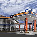 Modern Gas Station Building With Fuel Pumps White Car And Parking Area Under Blue Sky