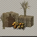 Rustic Autumn Decor Display With Hay Bales Wheat Stalks Wooden Cutting Board And Pumpkin Basket