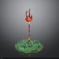Decorative Spear Weapon With Red Floral Accents On Green Grass Base