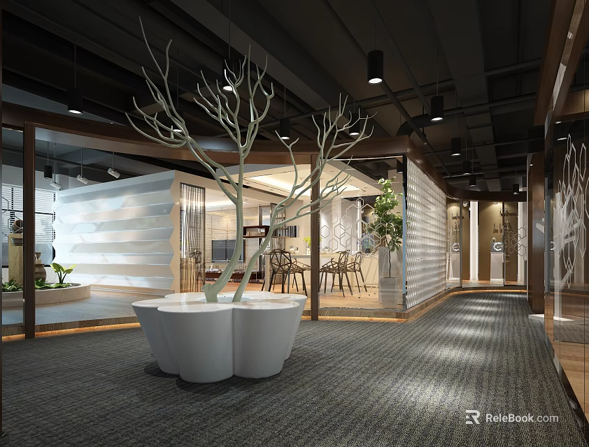 Modern Lounge Area Interior With Comfortable Seating Green Plants And Ambient Lighting 3d model