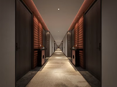 Modern Hotel Corridor Interior With Wooden Wall Panels Beige Carpet And Recessed Lights 3d model