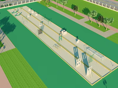 Outdoor Fitness Obstacle Course With Training Facilities Green Lawn And Trees 3d model