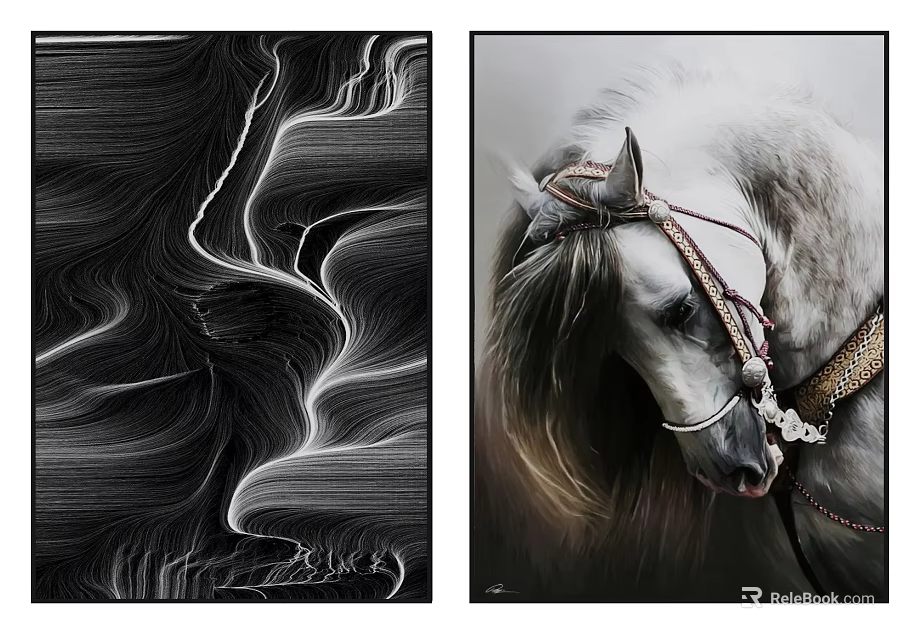 Abstract Black White Line Art And White Horse With Bridle Artwork 3d model 