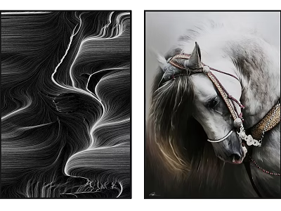 Abstract Black White Line Art And White Horse With Bridle Artwork 3d model