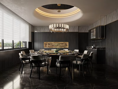 Elegant Private Dining Room Interior With Round Table Chandelier And Decorative Painting Windows 3d model