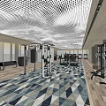 Modern Gym Interior With Perforated Ceiling Open Space Large Windows Fitness Equipment And Colorful Floor