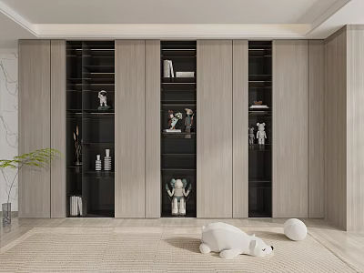 Modern Wooden Display Cabinet With Open Compartments And Figurines Books In Living Room Interior 3d model