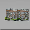 Multi Story Apartment Building With Red Beige Exterior Windows Balconies And Green Shrubs