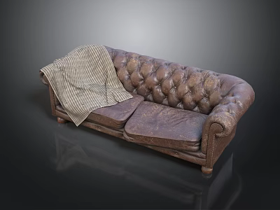 Vintage Leather Tufted Sofa With Plaid Blanket On Armrest Classic Design 3d model
