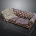 Vintage Leather Tufted Sofa With Plaid Blanket On Armrest Classic Design 3d model