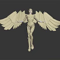 Game and Movie Character Standing in Golden Armor with Outstretched Golden Wings