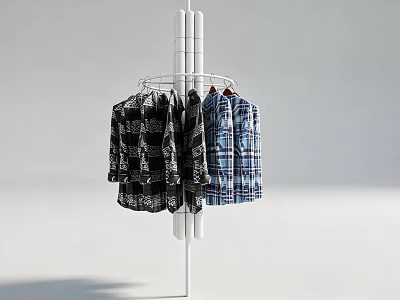 Modern Floor Standing Clothes Hanger With Black And Blue Plaid Shirts 3d model