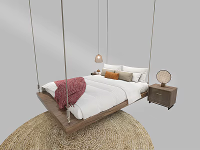 Hammock Bed with White Sheets Red Blanket Wooden Nightstand and Hanging Lamp on Round Rug 3d model
