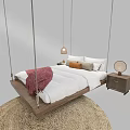 Hammock Bed with White Sheets Red Blanket Wooden Nightstand and Hanging Lamp on Round Rug