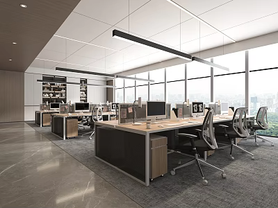 Modern Spacious Public Office Space Interior With Office Desks Computers Large Windows And Storage Cabinets 3d model
