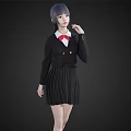 Woman With Gray Hair Wearing Black Coat Red Bow Tie And Pleated Skirt Style