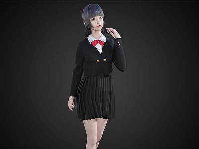 Woman With Gray Hair Wearing Black Coat Red Bow Tie And Pleated Skirt Style 3d model