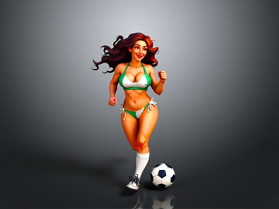 Active Female With Long Hair In Green Bikini Running With Soccer Ball On Gray Background 3d model
