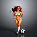 Active Female With Long Hair In Green Bikini Running With Soccer Ball On Gray Background