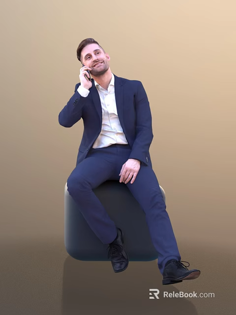 A Man In Dark Blue Suit White Shirt Sitting On Black Cube Talking On Phone 3d model 