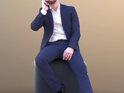 A Man In Dark Blue Suit White Shirt Sitting On Black Cube Talking On Phone 3d model