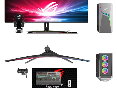 Gaming Computer Setup With ROG Monitor RGB Lighting Keyboard Mouse Headset Speakers And Stand 3d model