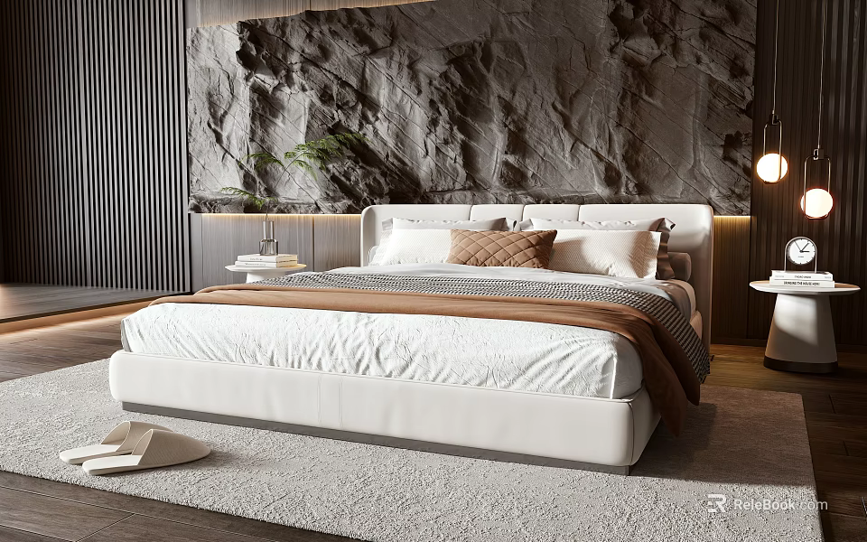 Modern Double Bed With White Upholstered Headboard Bedding Rock Texture Wall Green Plants And Rug 3d model 