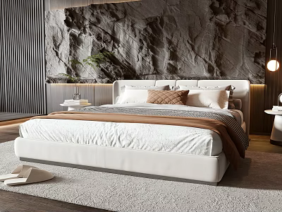 Modern Double Bed With White Upholstered Headboard Bedding Rock Texture Wall Green Plants And Rug 3d model