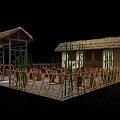 Traditional Chinese Thatched House Courtyard with Bamboo Fences Stone Path Wooden Doors and Windows