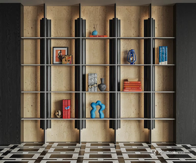 Modern Wooden Display Cabinet With Black Metal Frame Multi tiered Shelves Displaying Books Vases And Artworks 3d model 
